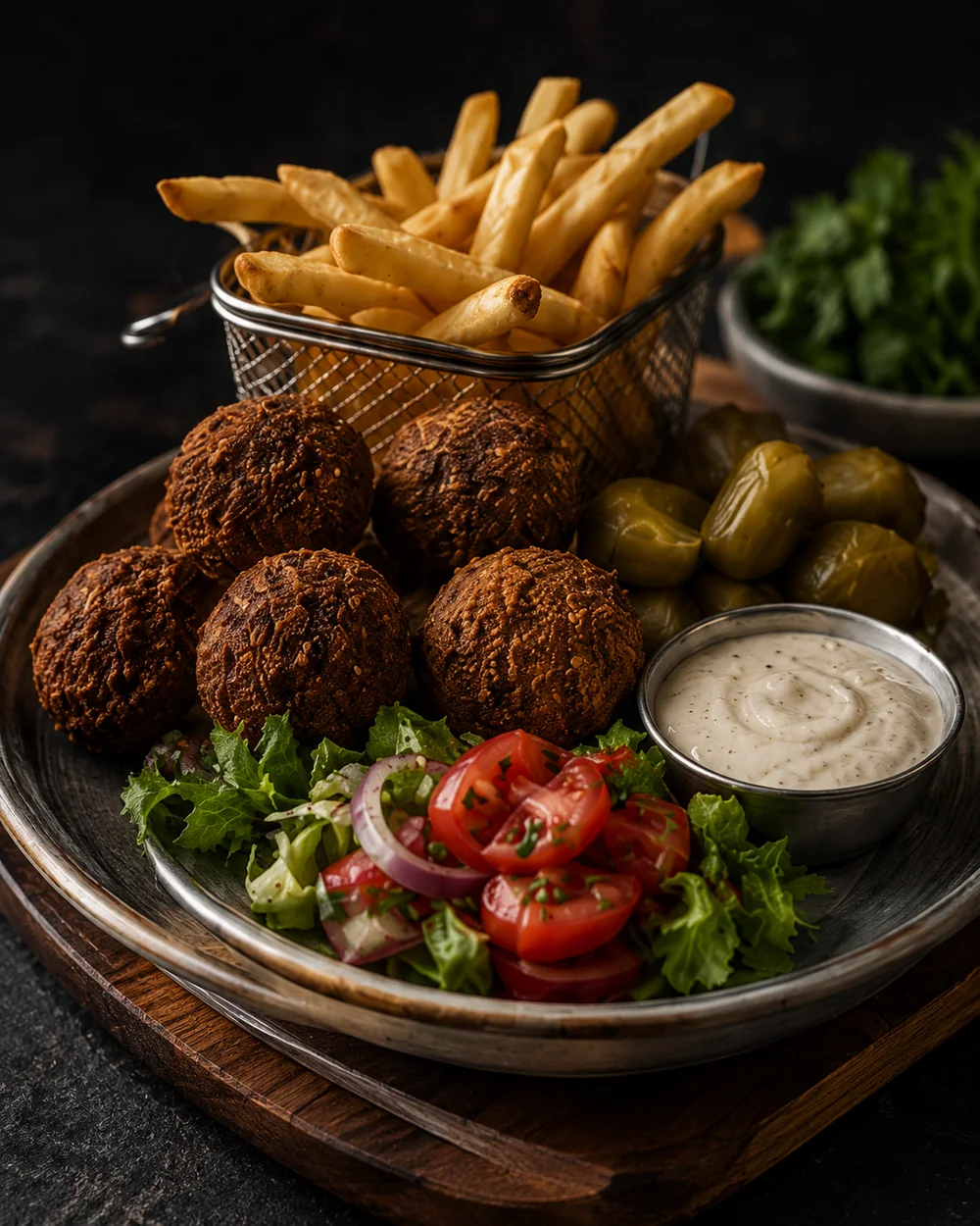 Falafel platter with fries, salad, pickles and garlic sauce