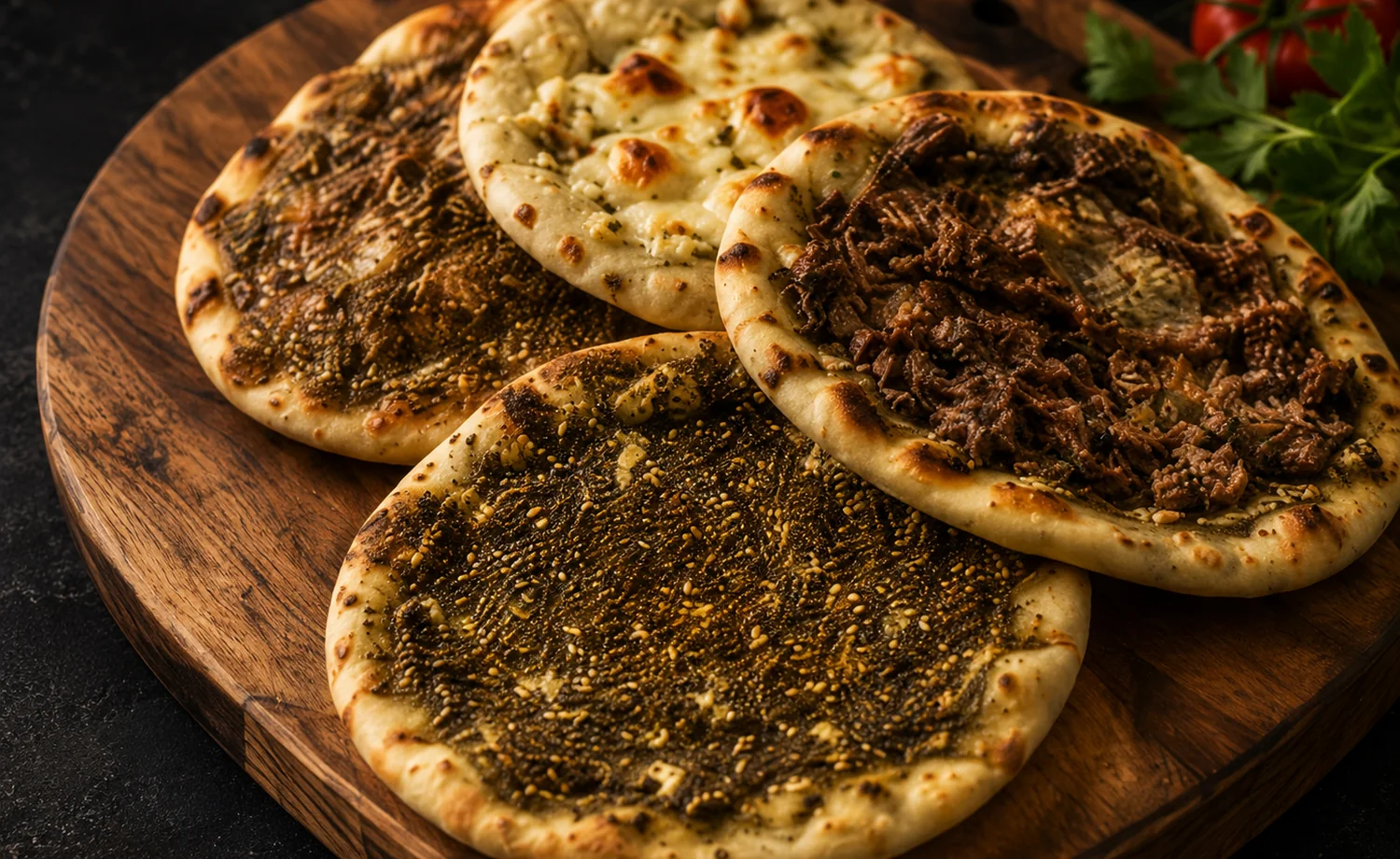 Assorted zaatar, cheese and meat manakish on a wooden board