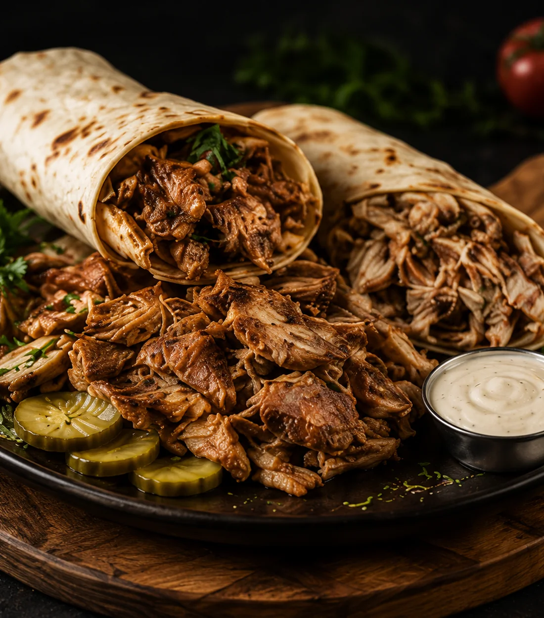 Shawarma wraps and sliced meat on a serving platter